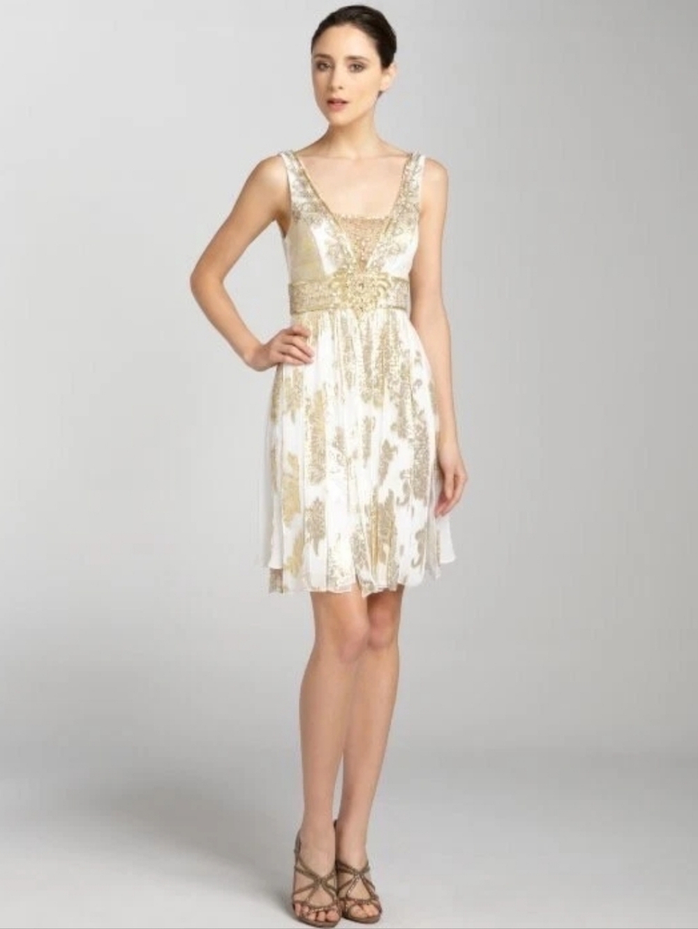Sue Wong Beaded Ivory & Gold Foil Overlay Carwash Strip Pleated Dress - Womens 4